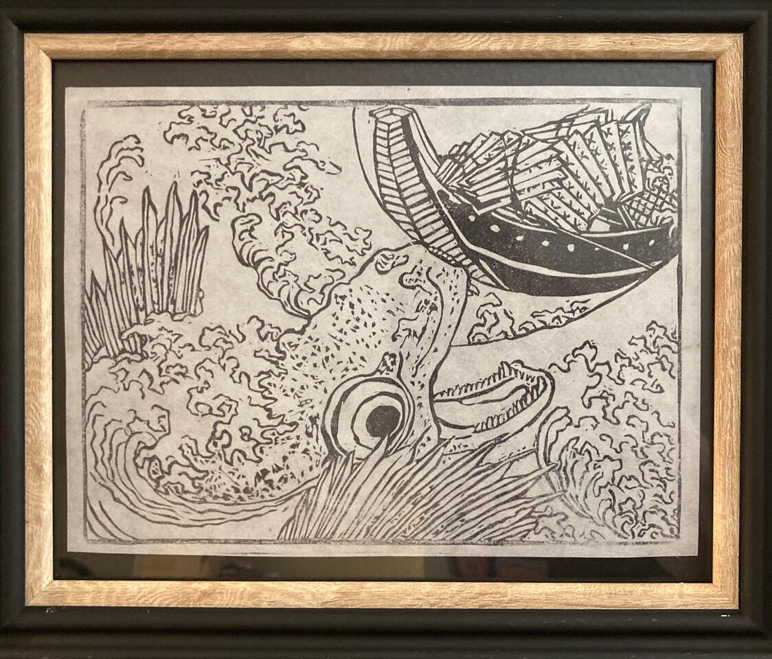 Linocut of Hokusai’s Great Fish Linocut of a previously unpublished Hokusai’s work